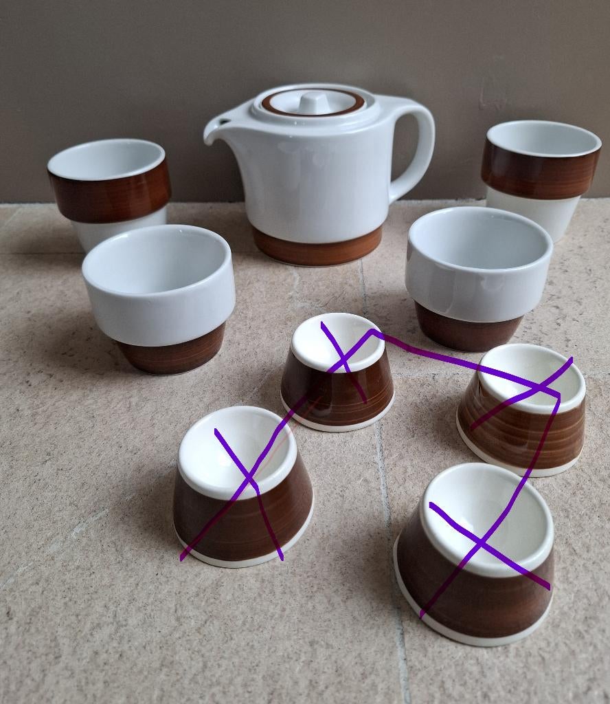 Vintage Mosa theepot en 4 mokken wit met bruine rand, Huis en Inrichting, Keuken | Servies, Gebruikt, Overige typen, Ophalen of Verzenden