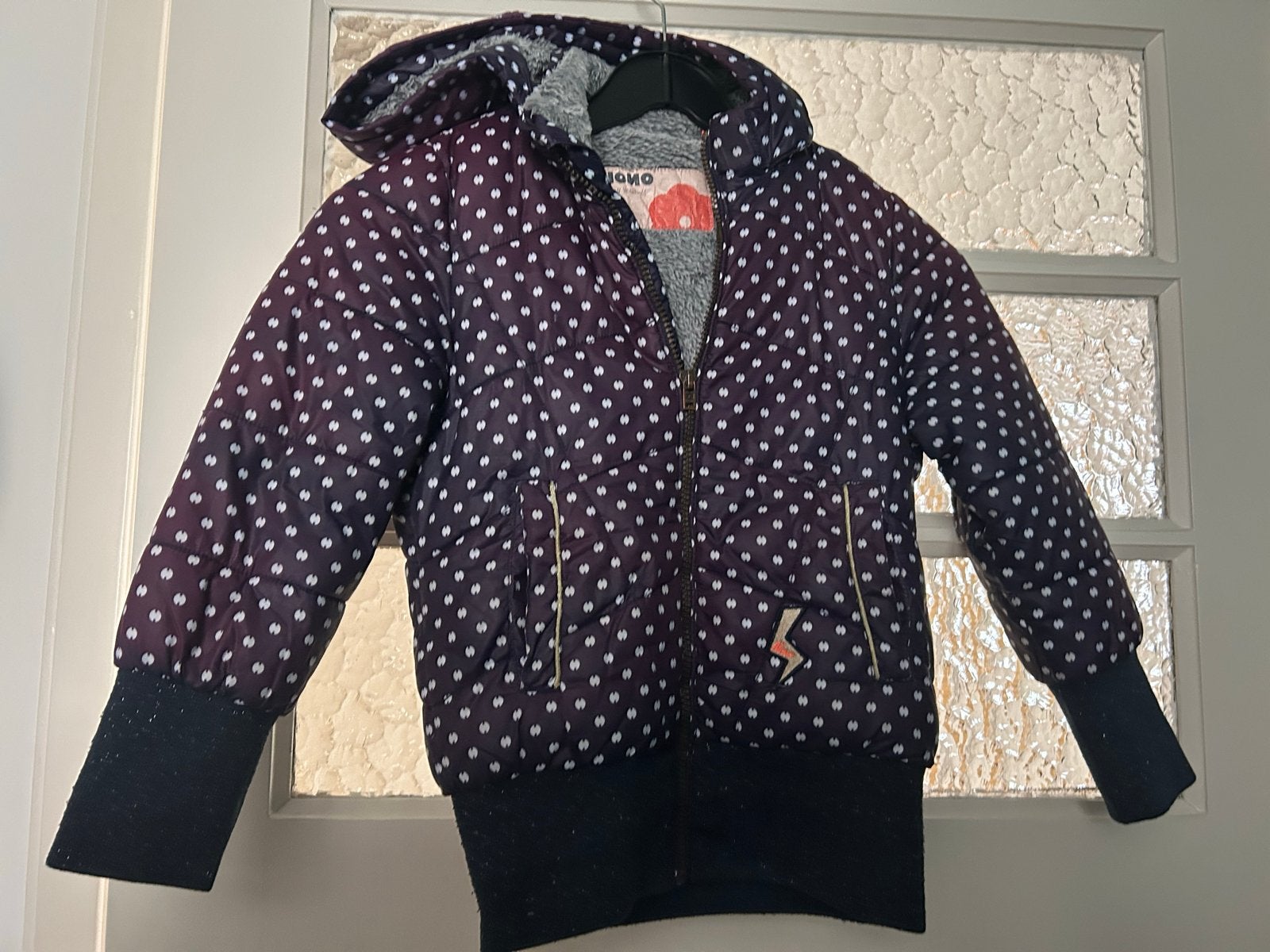 Nono winterjas maat 116 meisje. Blauw met stippen, Ophalen, Zo goed als nieuw, Meisje, Jas