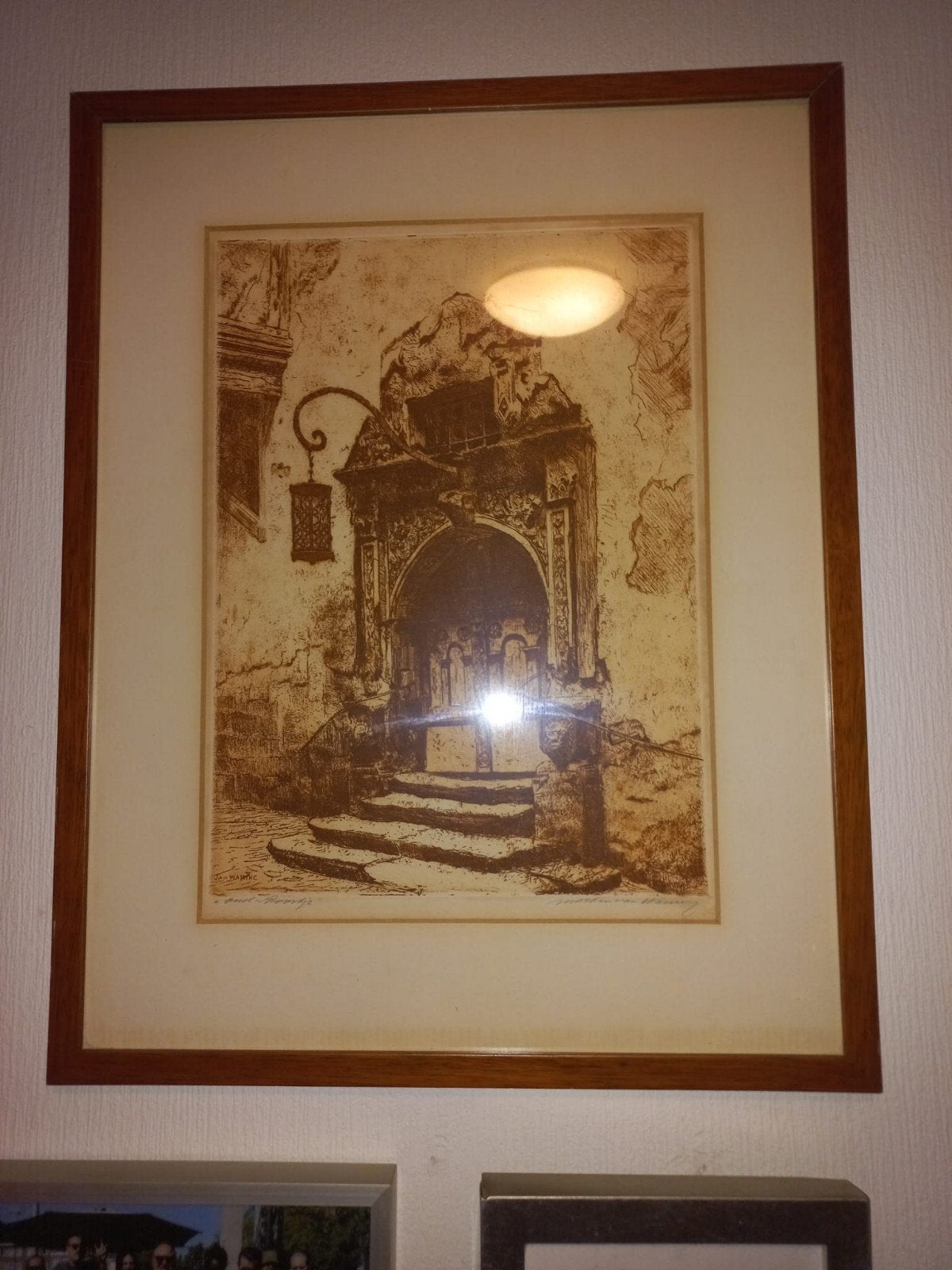 Oude ets van een poort met trap, gesigneerd, Antiek en Kunst, Kunst | Etsen en Gravures, Ets, Architectuur, 1900 - 1949, Ingelijst