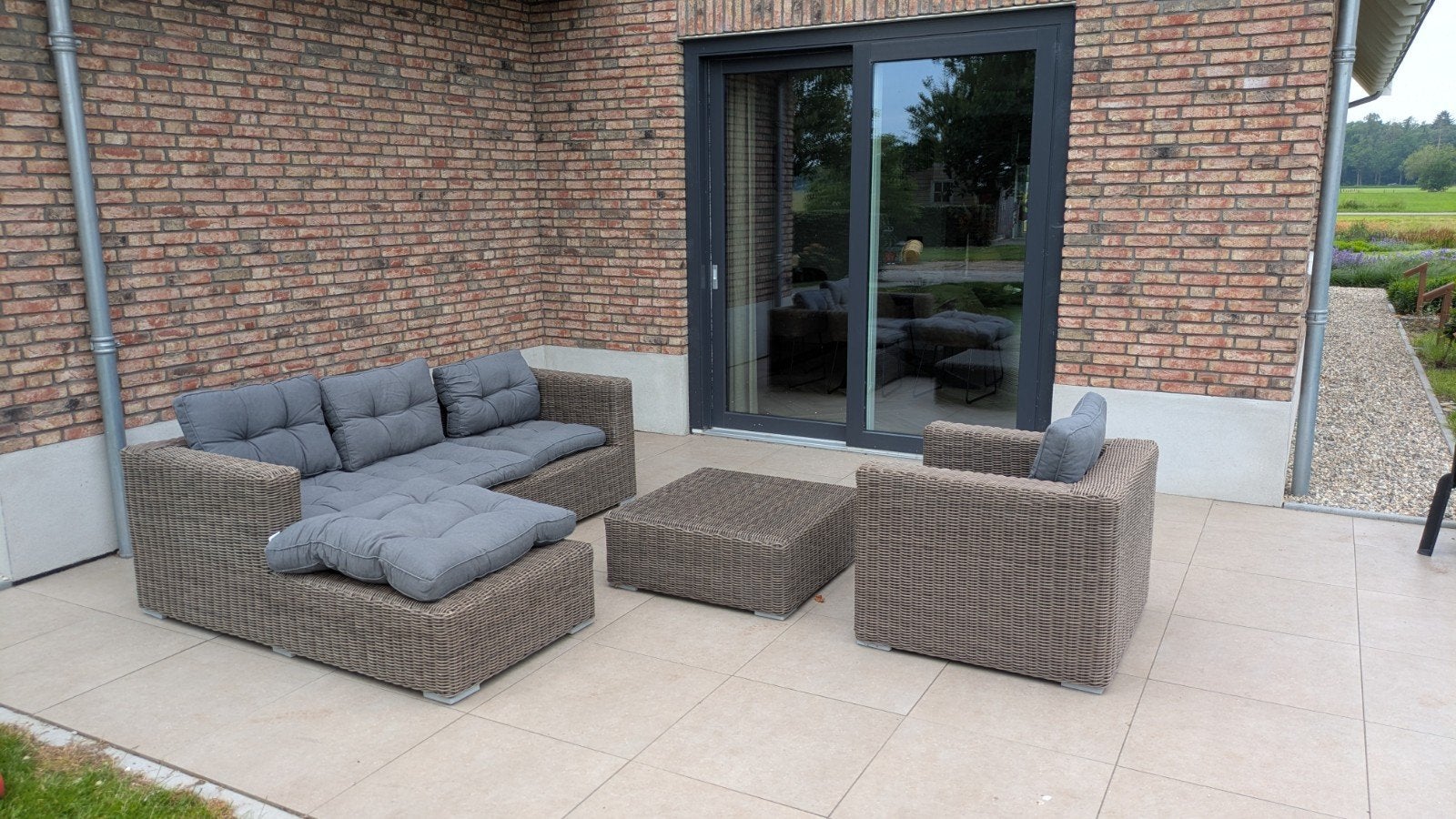 Loungeset met fauteuil en hocker - Wicker grijs, Ophalen, 4 zitplaatsen, Loungeset, Wicker