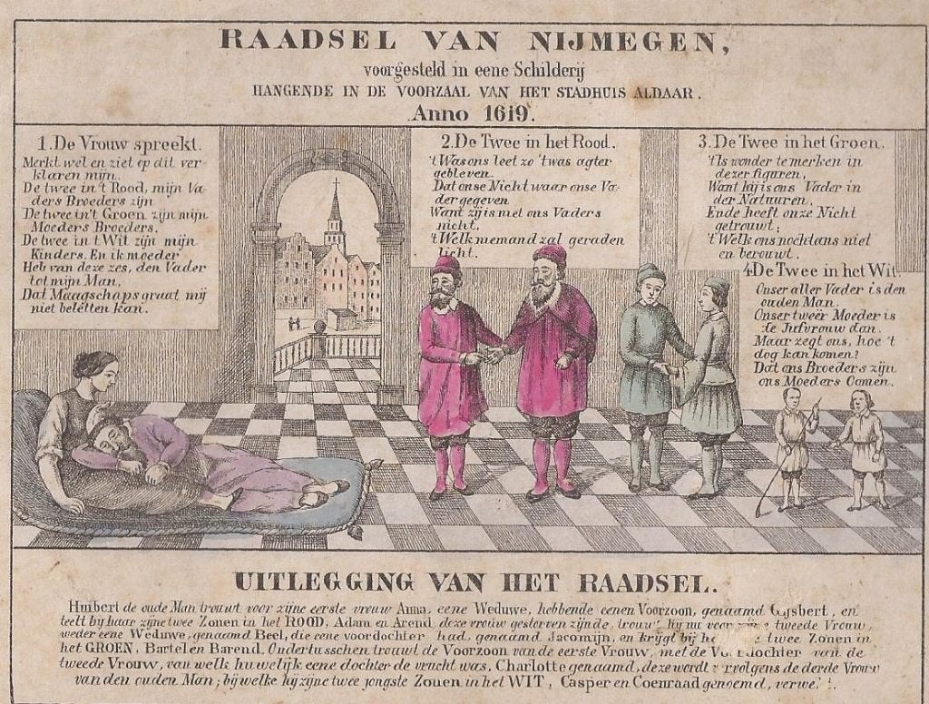 Nijmegen Raadsel van Nijmegen voorgestelt in eene Schilderij, 1800 - 1899, Ophalen of Verzenden, Gravure, Blanco verso