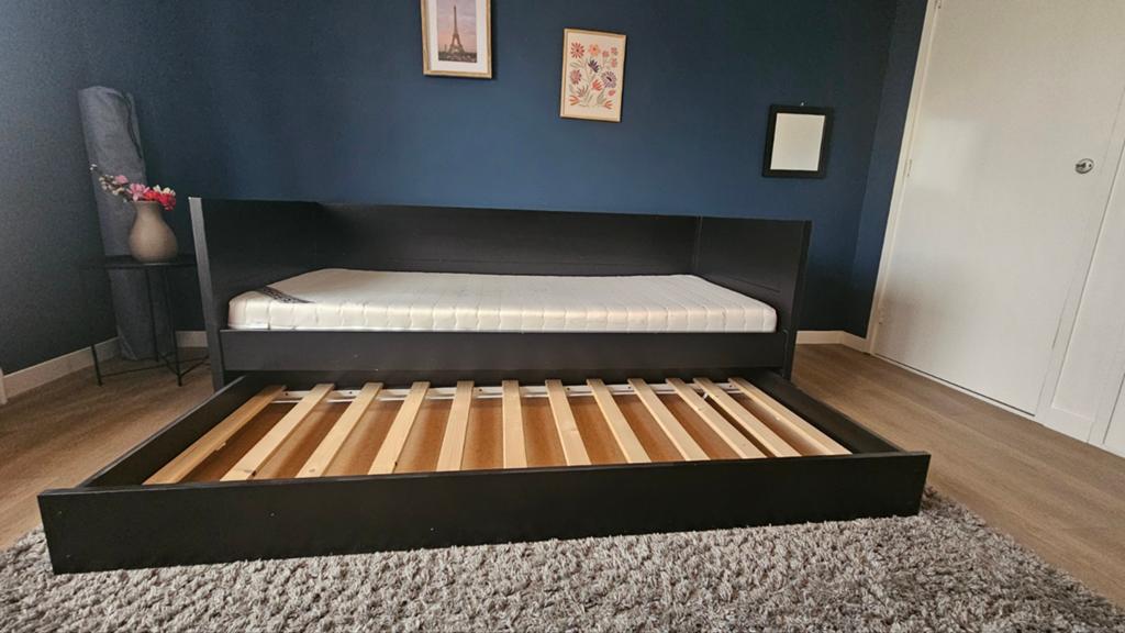 Zwart bed met lade 2x, Ophalen, 90 cm, Eenpersoons, Zwart