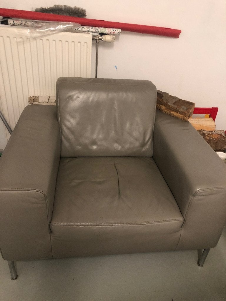 Fauteuil echt leer grijs, Ophalen, Gebruikt, Modern en klassiek kan allwbei, Minder dan 75 cm