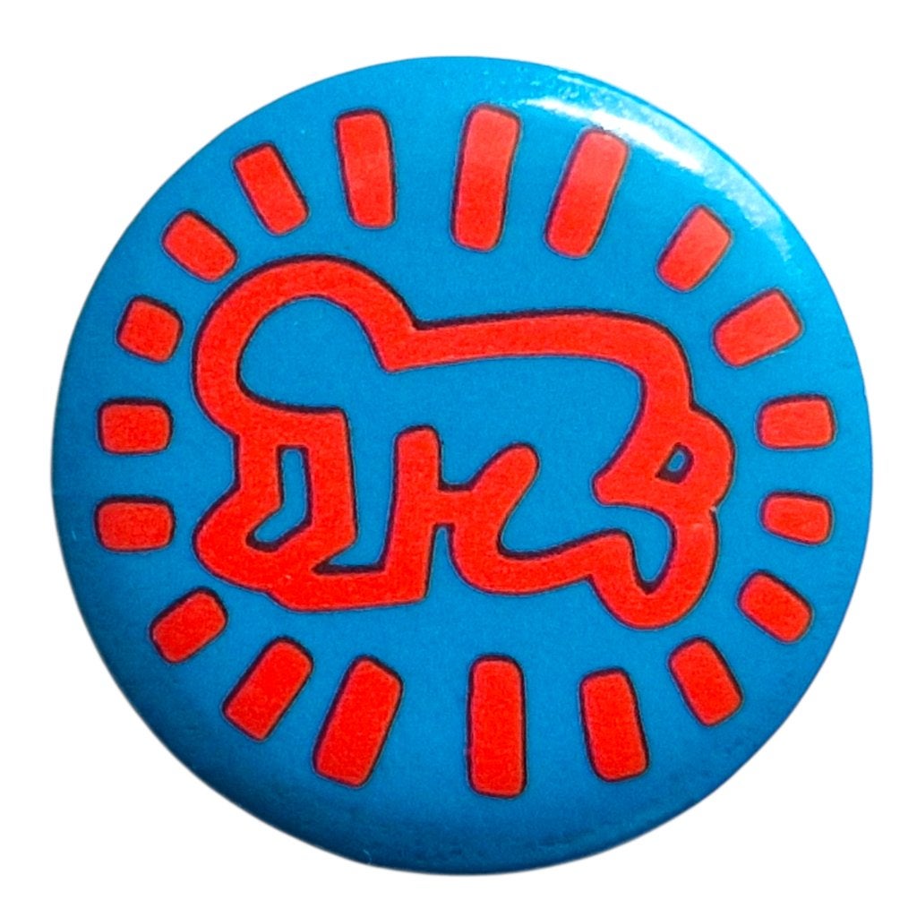 Keith Haring button Pop Shop Radiant Baby blauw rood, Antiek en Kunst, Ophalen of Verzenden, Overige typen, Meerkleurig, Metaal
