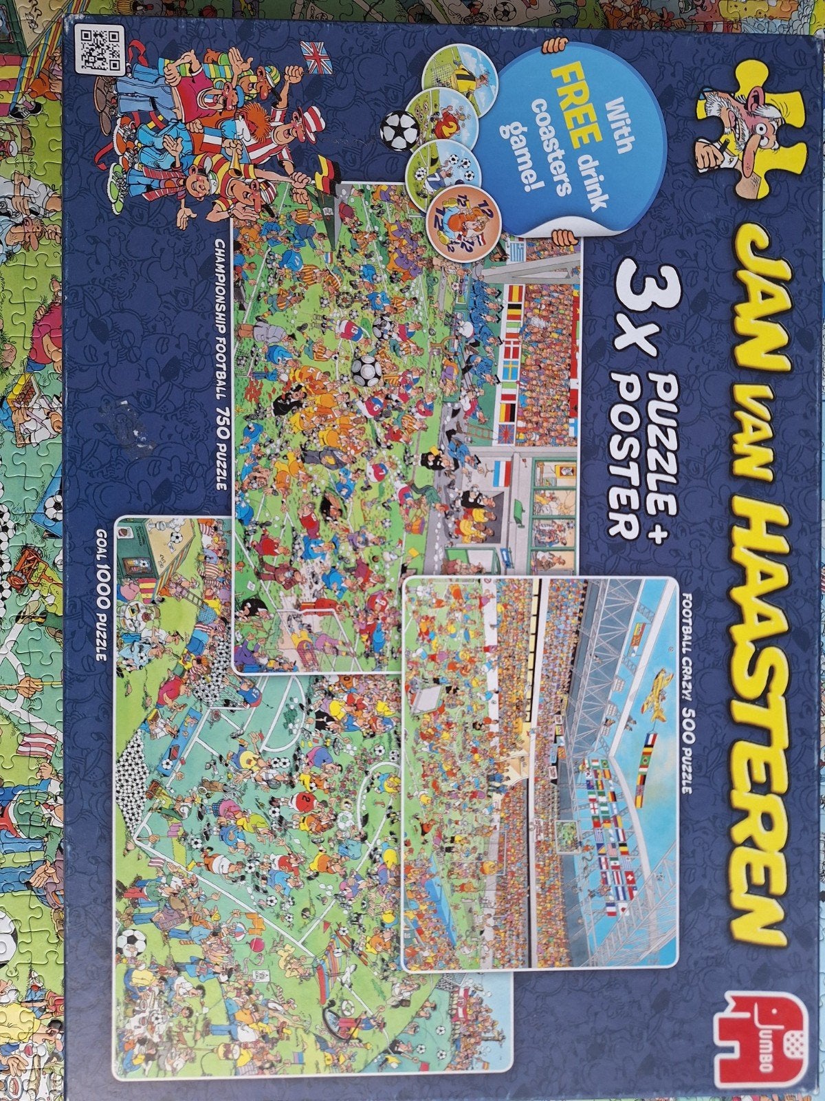 Jan van Haasteren 3-in-1 Voetbal Puzzel Box - Compleet!, Ophalen of Verzenden, 500 t/m 1500 stukjes, Zo goed als nieuw, Legpuzzel