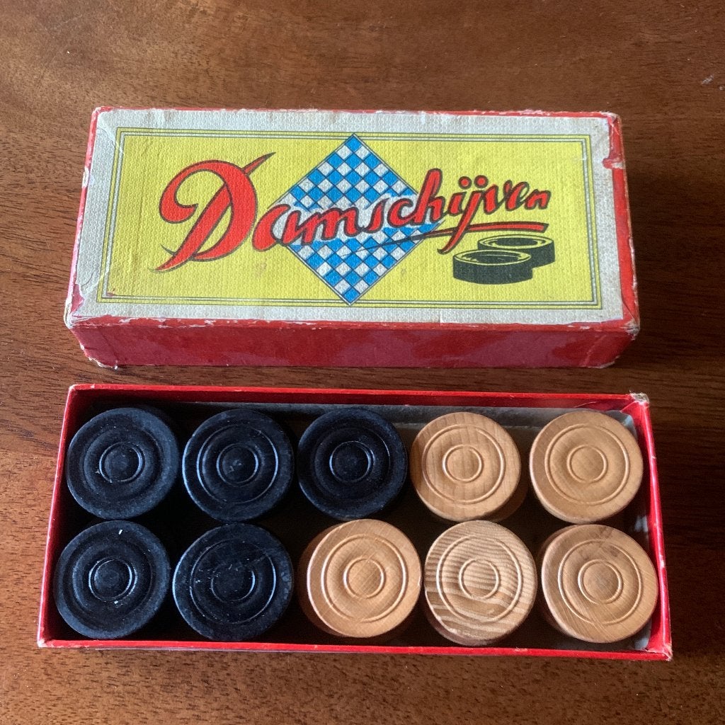 Vintage houten Damstenen damschijven in originele doos, Ophalen of Verzenden, Gebruikt