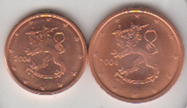 Finland 1 en 2 eurocent 2004 beide UNC, Postzegels en Munten, Munten | Europa | Euromunten, Ophalen of Verzenden, Finland, Overige waardes