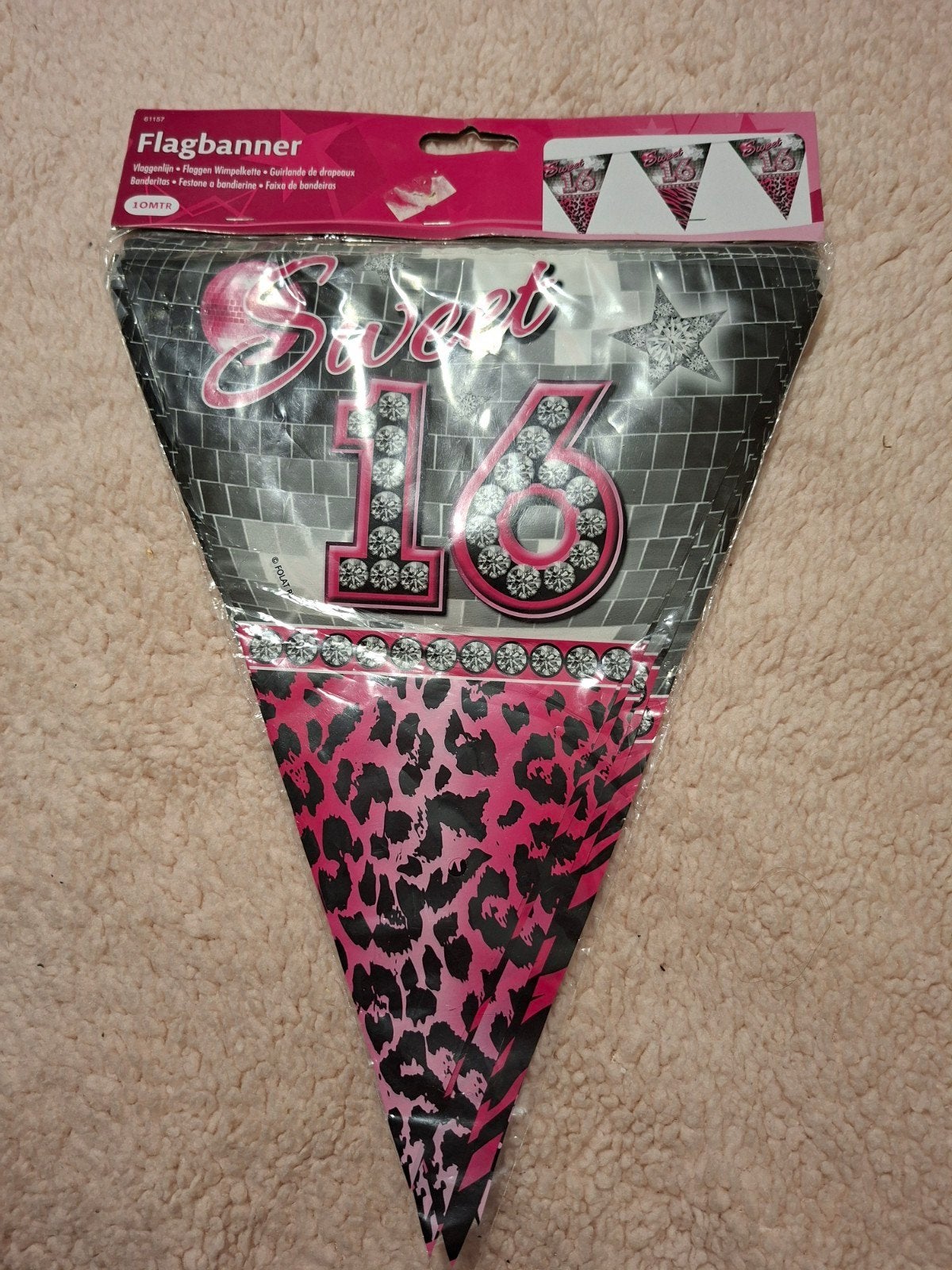 Sweet 16 Flagbanner - Roze Luipaardprint, Ophalen of Verzenden, Nieuw, Versiering, Verjaardag