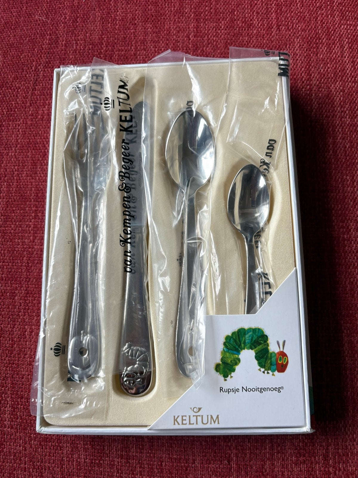 Keltum Rupsje Nooitgenoeg kinderbestekset, Keltum, Bestekset, Nieuw, Rvs of Chroom