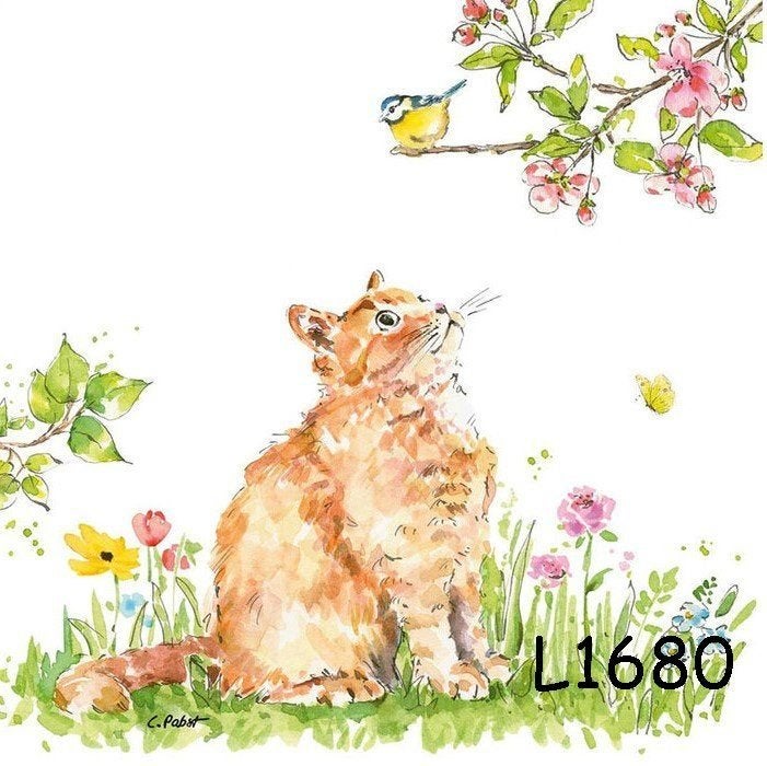 Servetten decoupage/bullet journal - kat en vogel L1680, Verzenden, Nieuw
