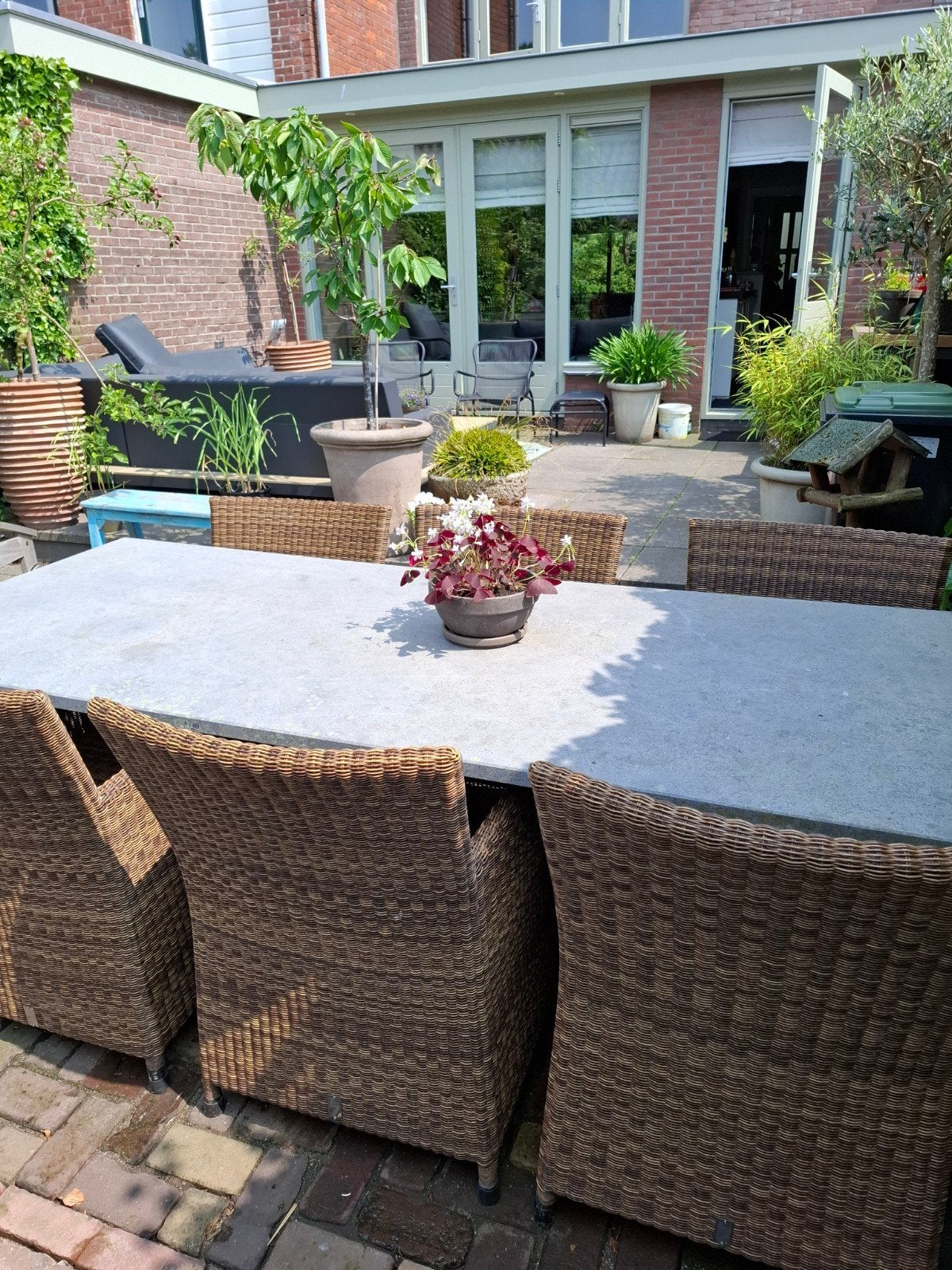 Natuurstenen tuintafel met teakhouten oderstel, Ophalen, Gebruikt, Rechthoekig, Teakhout