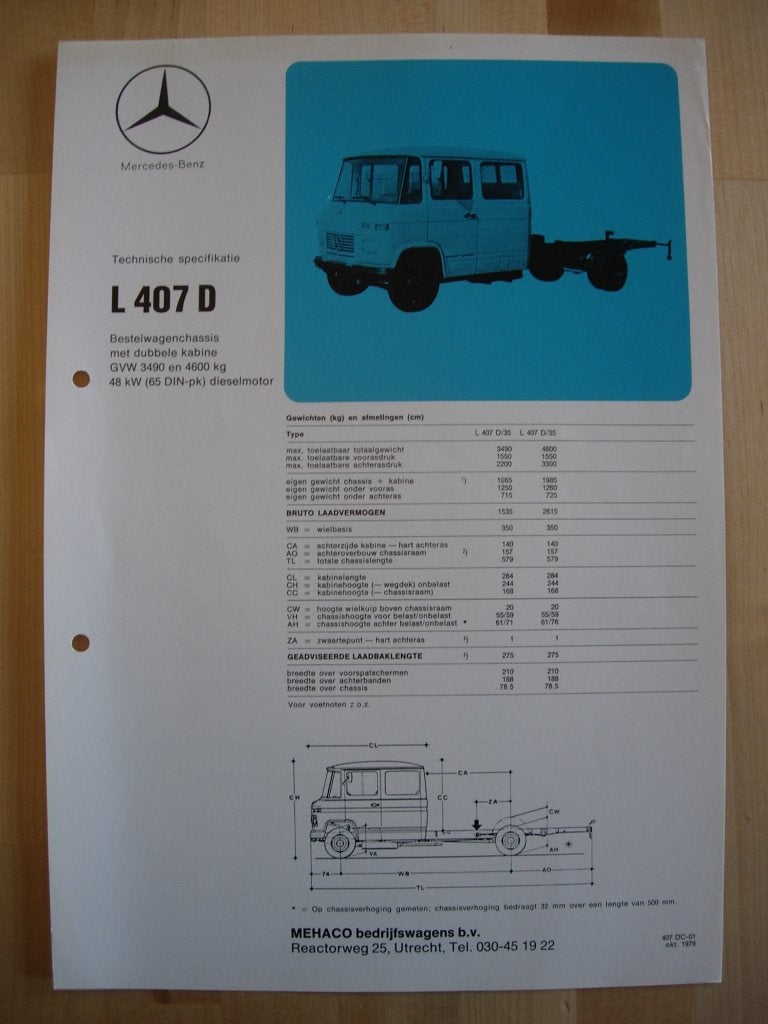 Mercedes 407D Technische Specificatie Brochure 1979 DC 407 D, Zo goed als nieuw, Mercedes-Benz, Mercedes, Ophalen of Verzenden