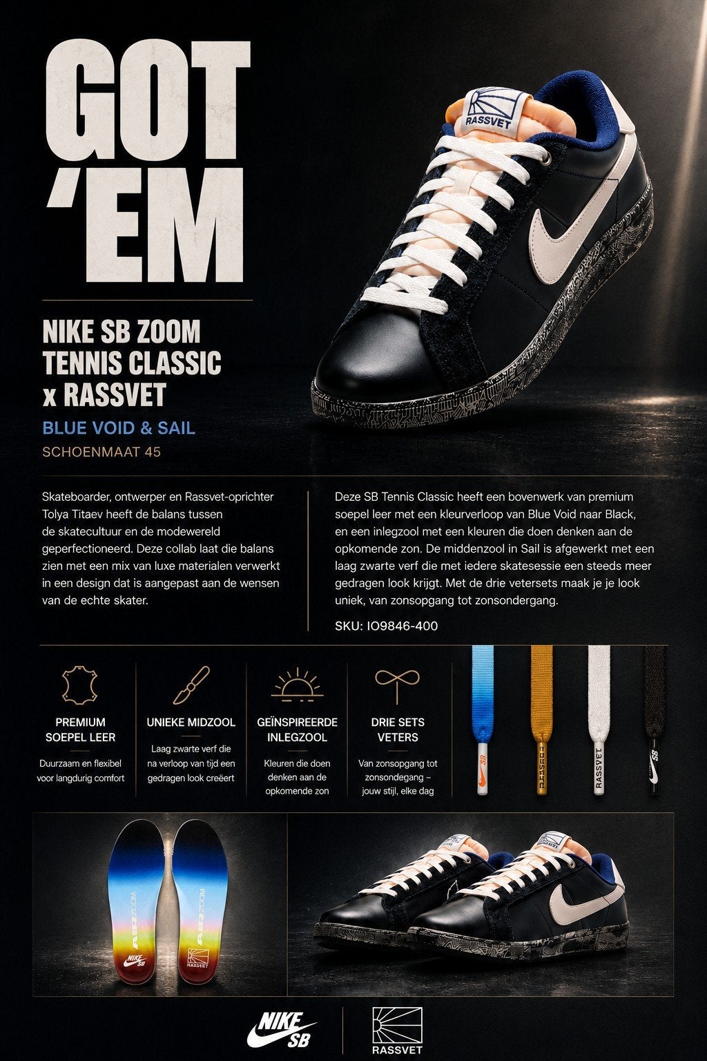 Nike SB Zoom Tennis Classic x Rassvet Blue Void & Sail, Kleding | Heren, Schoenen, Ophalen of Verzenden, Nieuw, Blauw