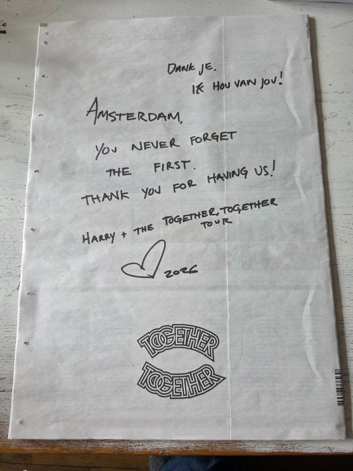 2 x Het Parool met boodschap van Harry Styles, Ophalen, Foto of Kaart