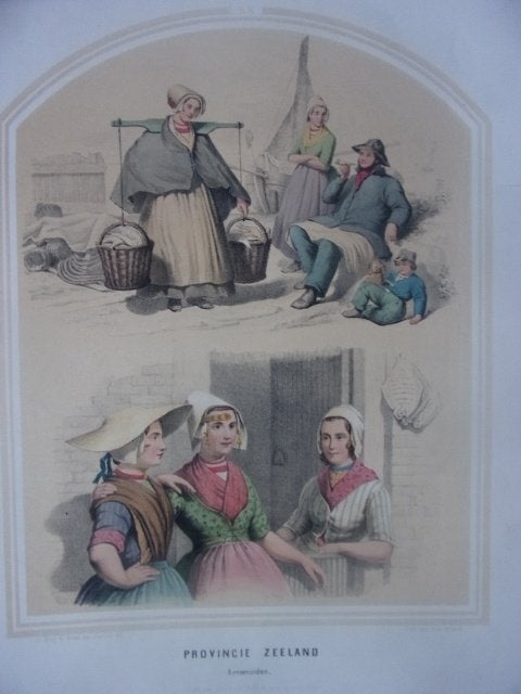 Klederdrachtprent Bing & Braet XX Zeeland Arnemuiden 1857, Origineel, Mode, Ophalen of Verzenden, 32 cm