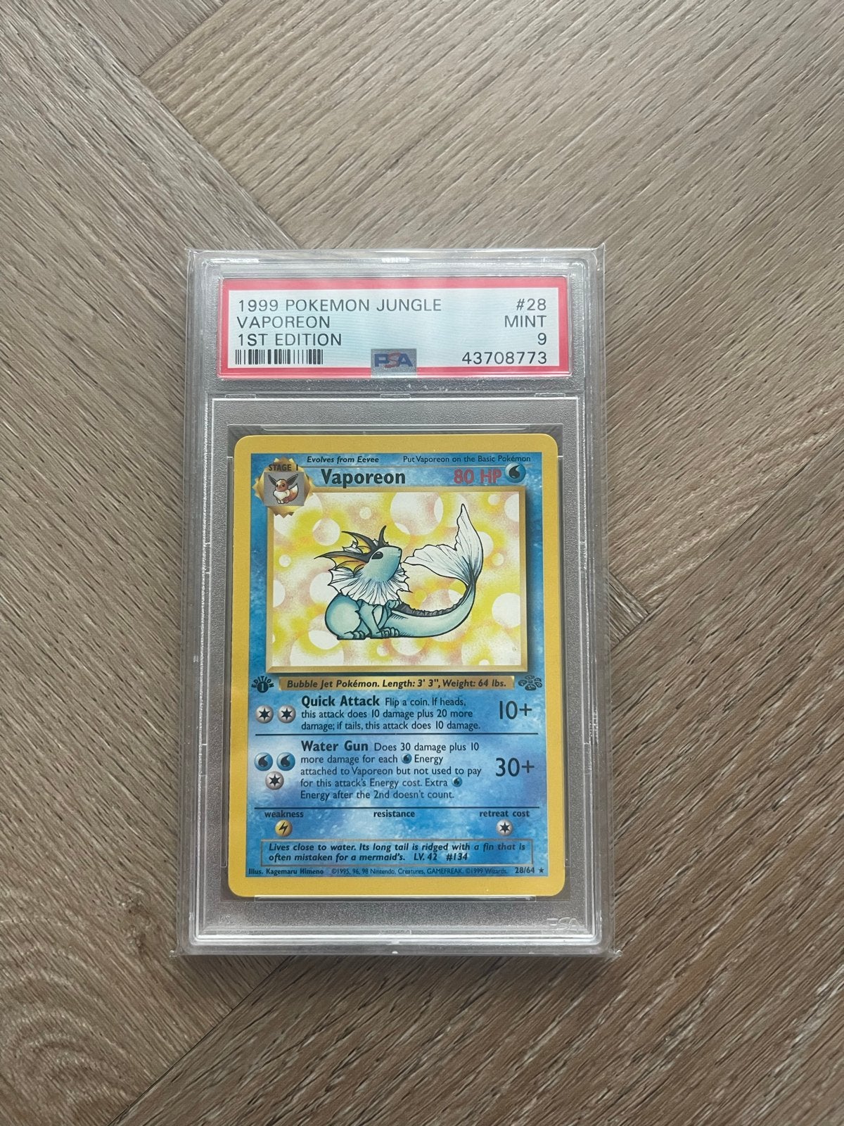 Vaporeon 1st Edition 28/64 PSA 9 Jungle, Hobby en Vrije tijd, Verzamelkaartspellen | Pokémon, Ophalen of Verzenden, Zo goed als nieuw