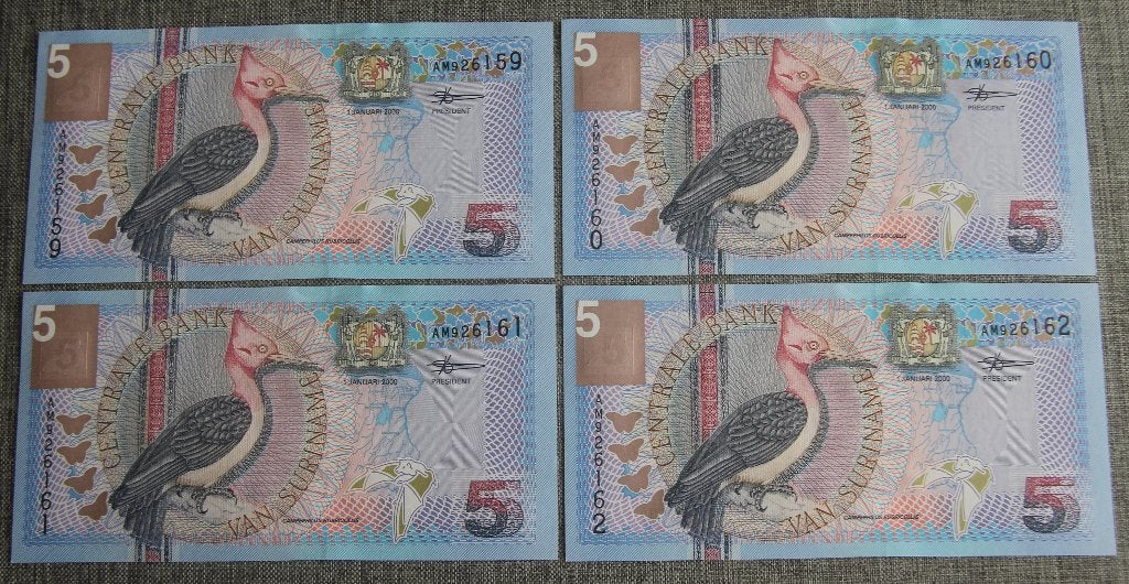 4x 5 gulden suriname nummers opv. errrrg mooi, Ophalen of Verzenden, Setje