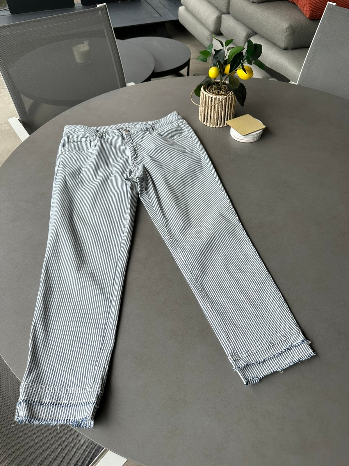 Blauw/wit gestreepte Para Mi broek, type Sanne mt 44, Para Mi, Maat 42/44 (L), Zo goed als nieuw, Lang