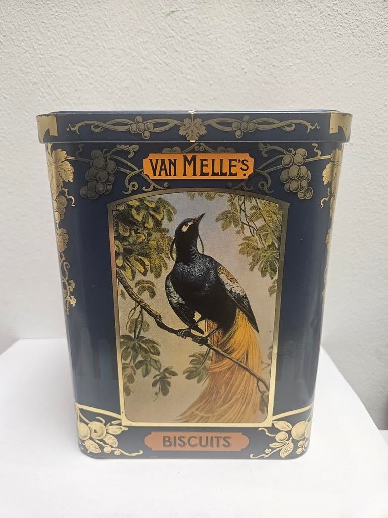Vintage groot Van Melle Winkelblik - Vogel Decor 1950s, Verzamelen, Blikken, Ophalen of Verzenden, Gebruikt, Koek(jes), Van Nelle