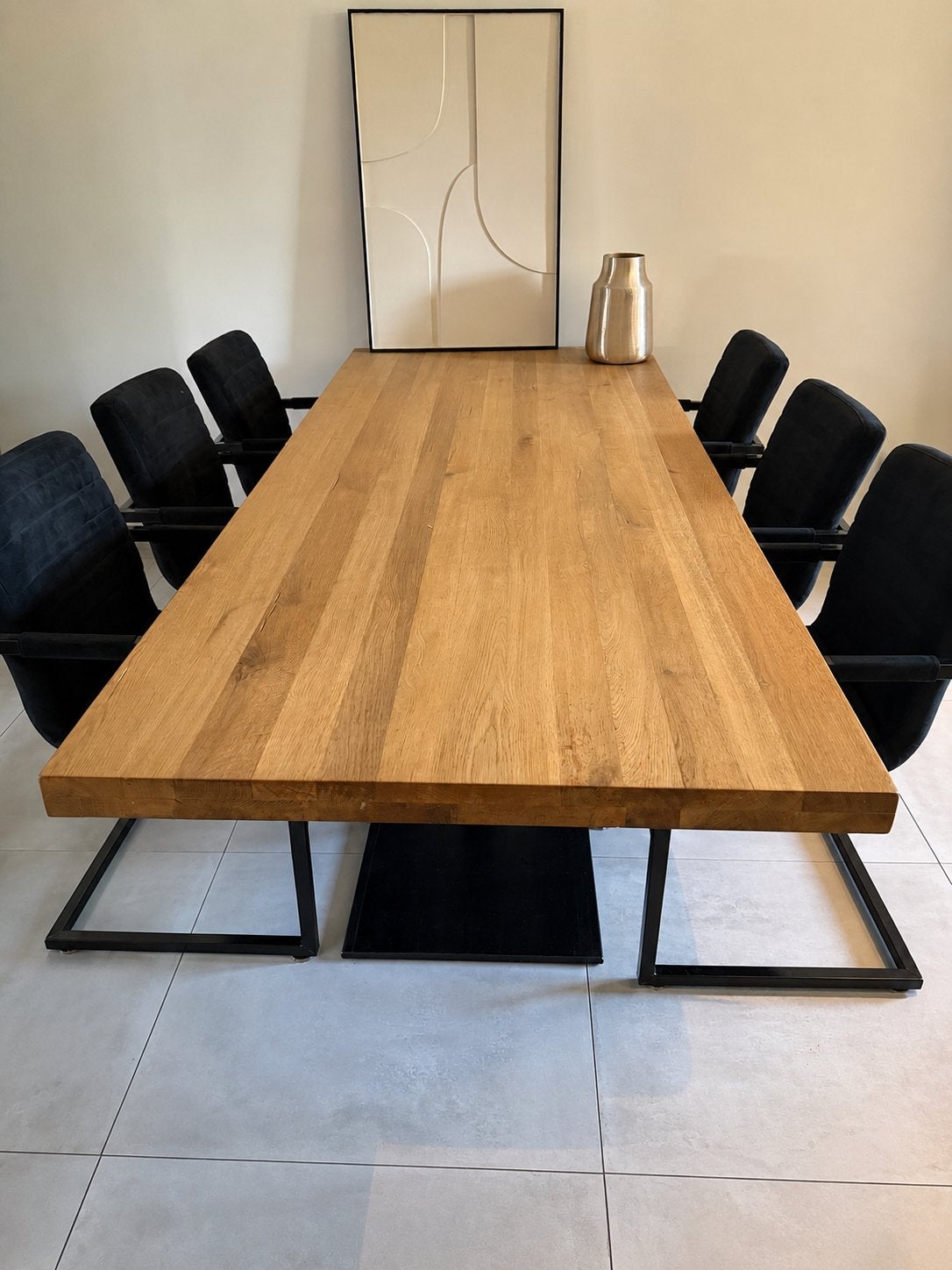 Houten eettafel met zwart metalen onderstel, Huis en Inrichting, Tafels | Eettafels, Ophalen, Gebruikt, 100 tot 150 cm, 200 cm of meer