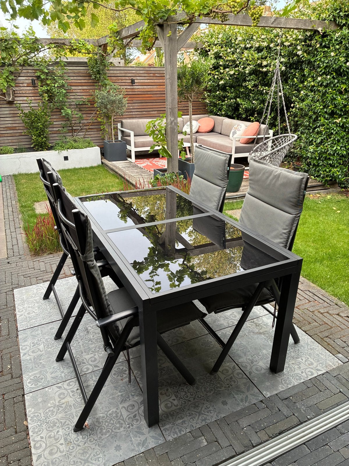Uitschuifbare tuintafel antraciet / glas inclusief 4 stoelen, Tuin en Terras, Tuintafels, Ophalen, Gebruikt, Rechthoekig, Aluminium