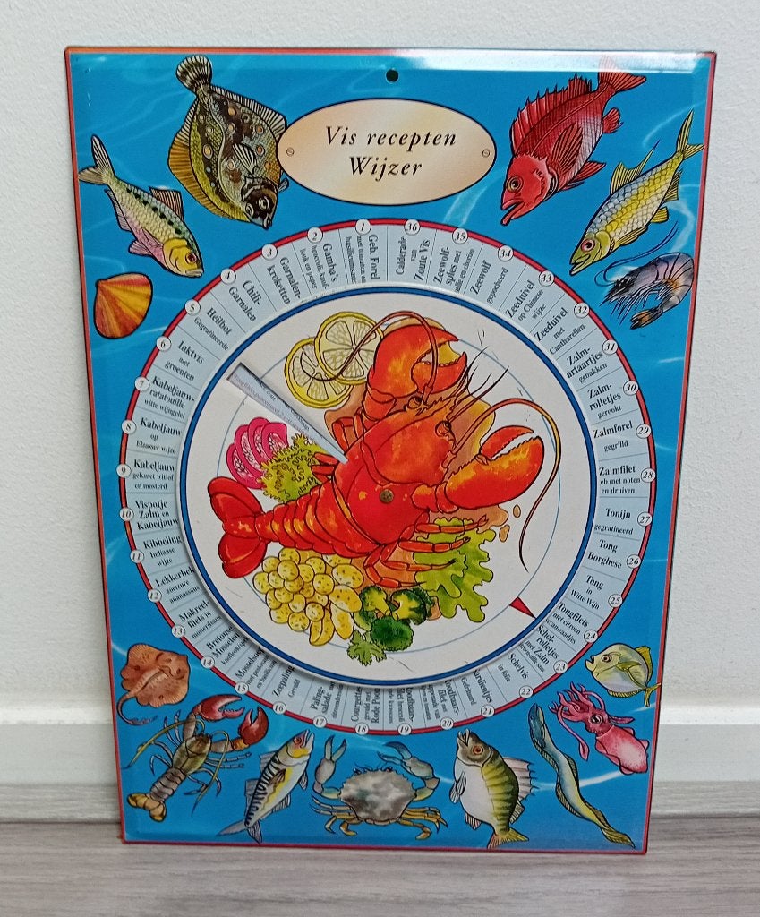 vintage metalen bord ""vis recepten wijzer"", Antiek en Kunst, Verzenden