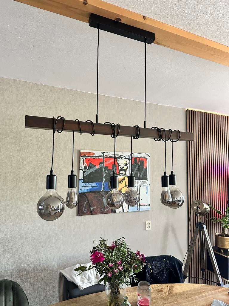 hanglamp met 6 lichtpunten, Ophalen, Gebruikt, Hout, 50 tot 75 cm