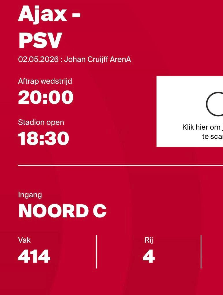 Ajax - PSV 1 kaart noord C vak 414, Eén persoon, Februari