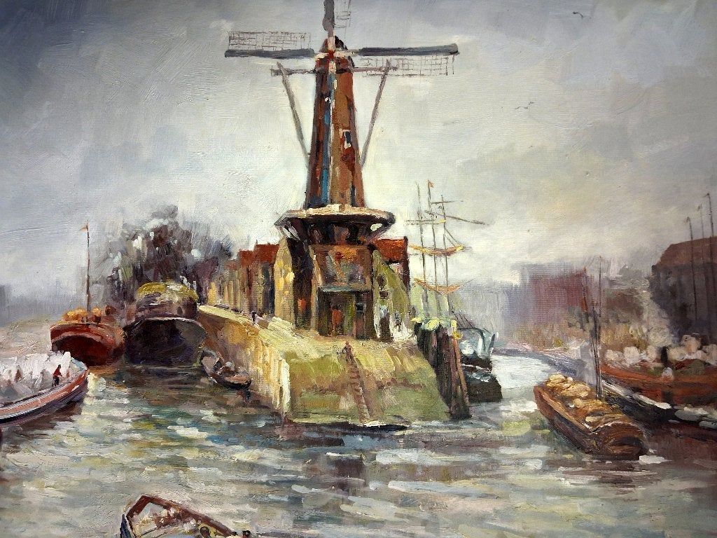 ouderwets havengezicht met molen, Ophalen of Verzenden