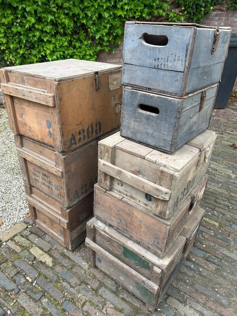 brocante houten kratten industriële kisten vintage decoratie, Ophalen, Overige materialen, Minder dan 50 cm, Gebruikt