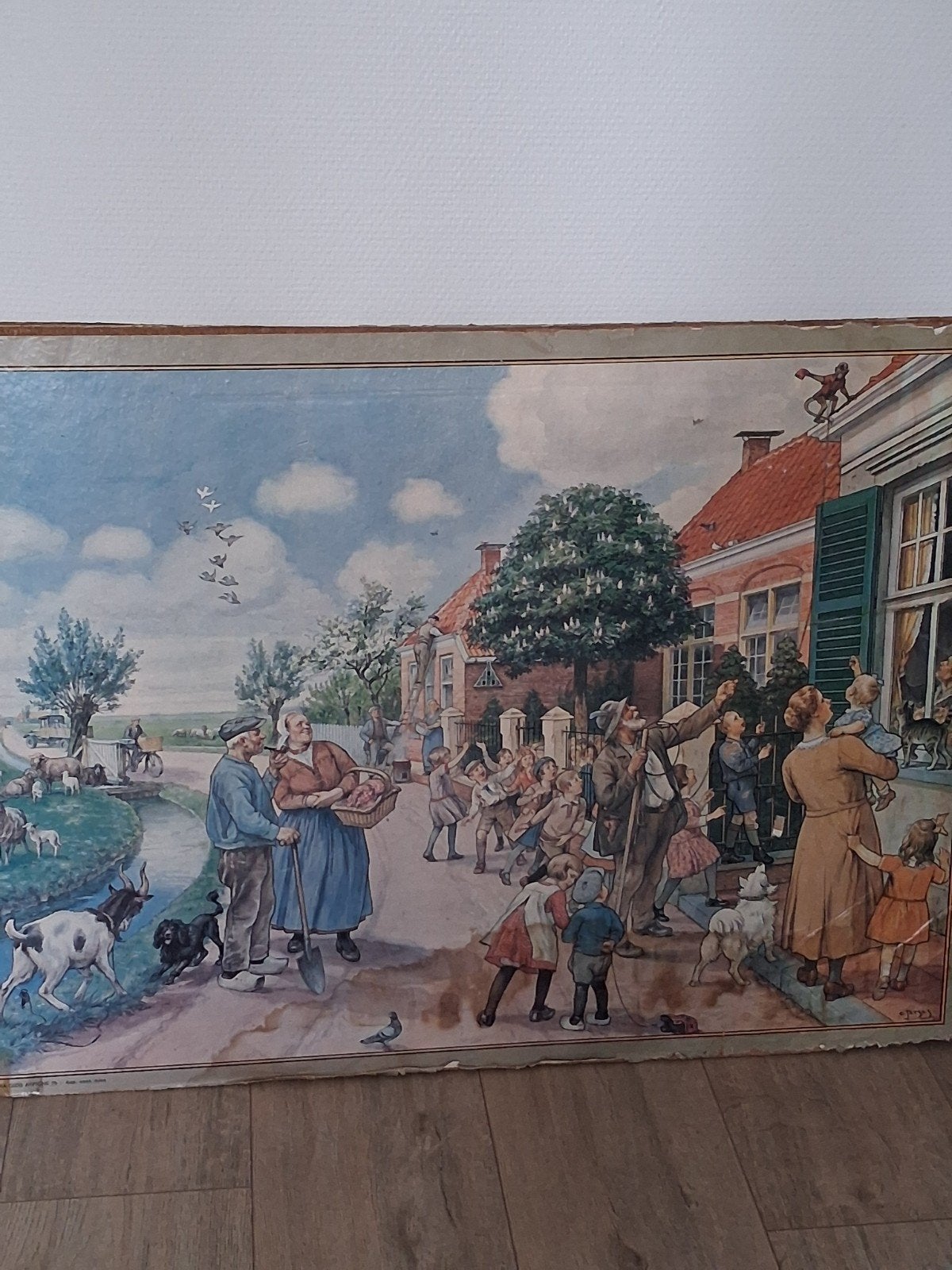 Vintage kinderprent: Dorpsleven tafereel (62.5x94 cm), Ophalen