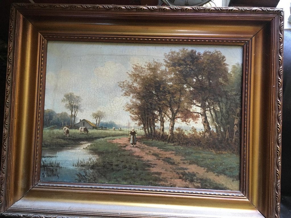 Schilderij olieverf  J.Wouters .Melkmeisje en koeien., Antiek en Kunst, Ophalen, Impressionistisch, Gesigneerd, Olieverf