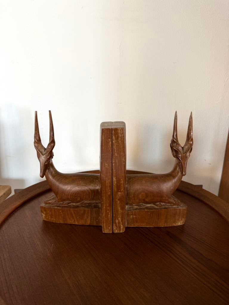 2x vintage teakhouten Antilope boekensteunen ‘60, Ophalen of Verzenden, Zo goed als nieuw