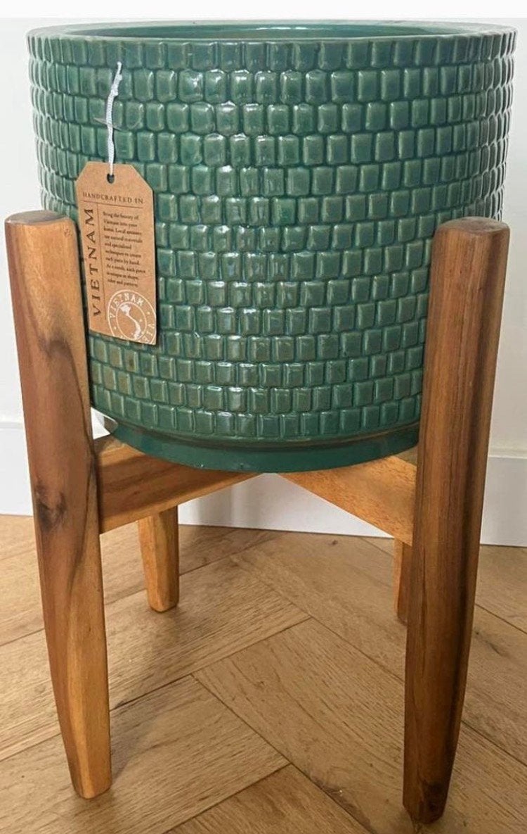 Mooie groene pot met houten standaard plantenhouder planter, Tuin en Terras, Bloempotten, Ophalen of Verzenden, Nieuw, Rond, Minder dan 25 cm