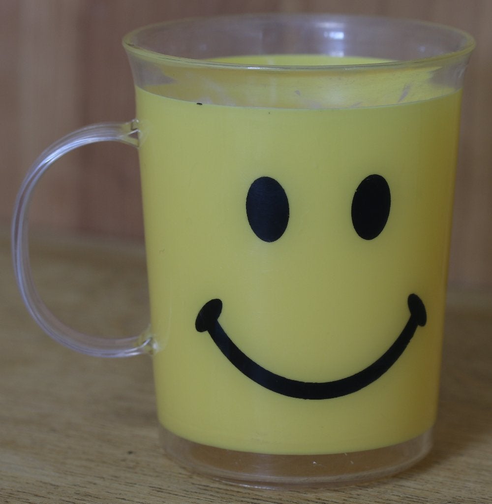 plastic beker smiley geel doorzichtig, Ophalen of Verzenden, Gebruikt