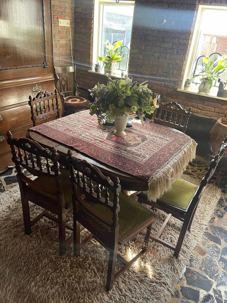 Antieke eettafel met 6 stoelen, Huis en Inrichting, Tafels | Eettafels, Ophalen, Gebruikt, 100 tot 150 cm, Vier personen