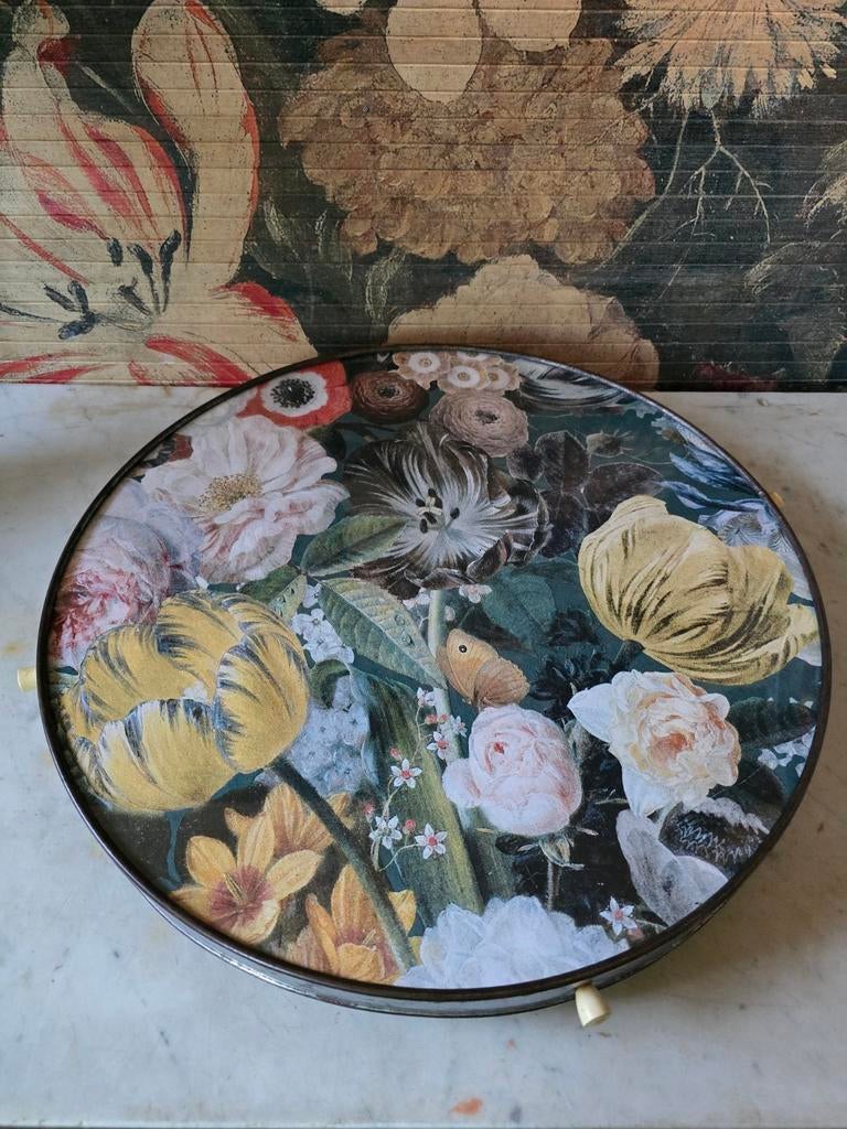 Vintage draaiplateau dienblad bloemen vlinder, Ophalen of Verzenden