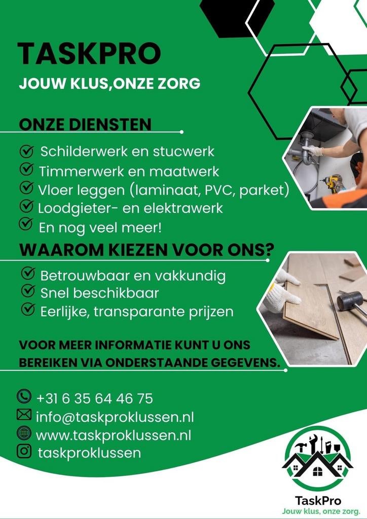 Schilder, stucwerk, timmerwerk, loodgieter- en elektrawerk, 24-uursservice