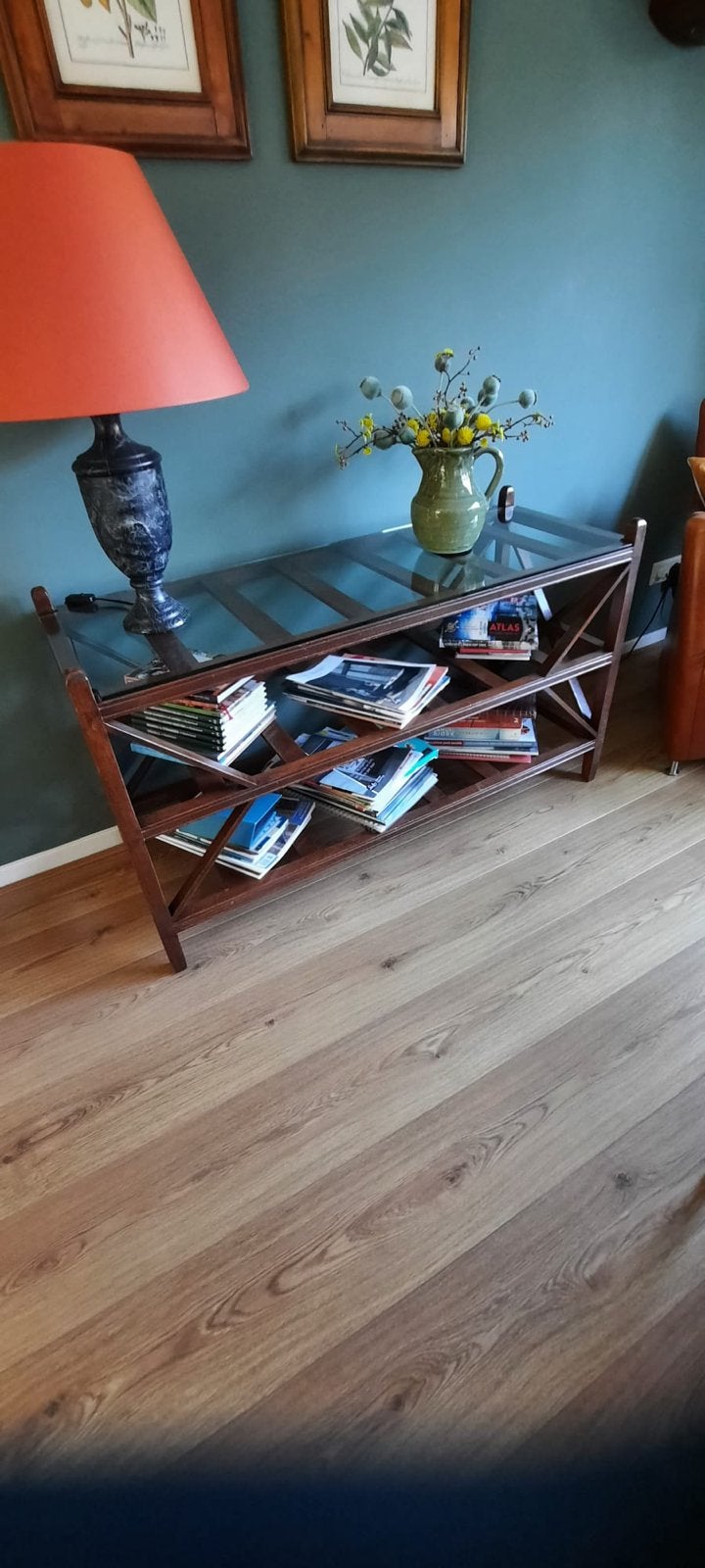 Glazen bijzettafel/salontafel met houten frame, Ophalen, Gebruikt