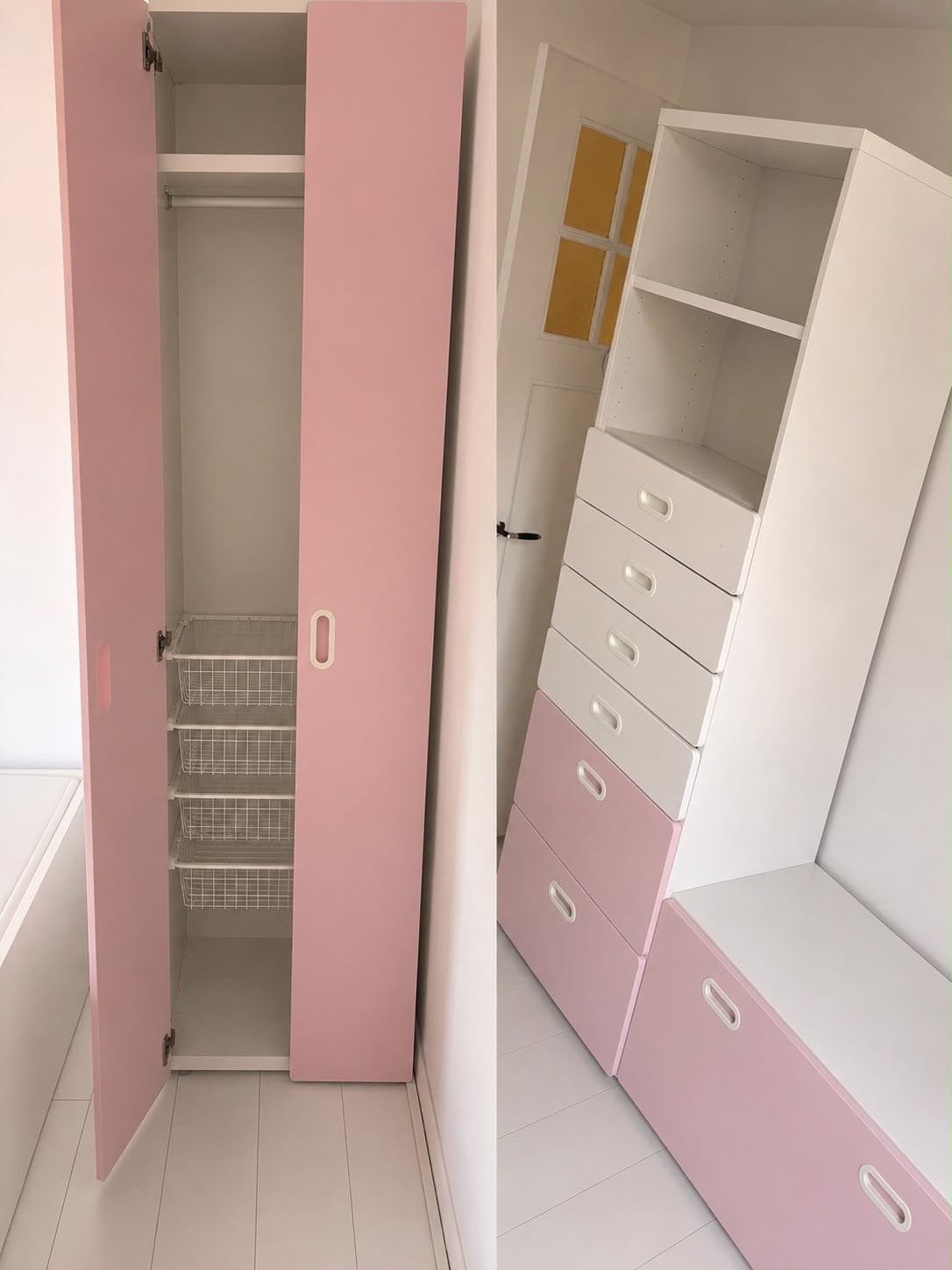 Roze en witte kledingkast met lades en planken, Huis en Inrichting, Ophalen, Gebruikt, 100 tot 150 cm, 200 cm of meer