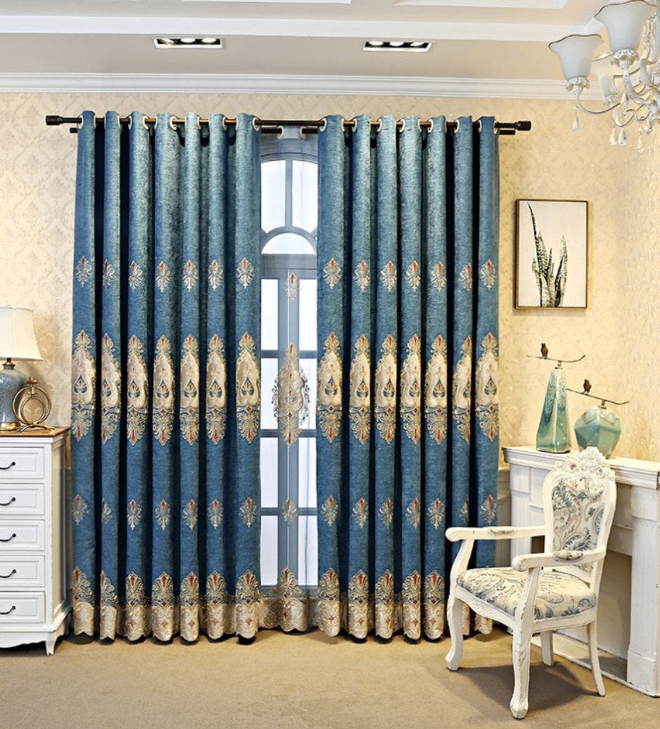 Blauwe Luxe Gordijnen / Gordijn Modern Gouden Geborduurde, Verzenden, Nieuw, Blauw, Gordijn