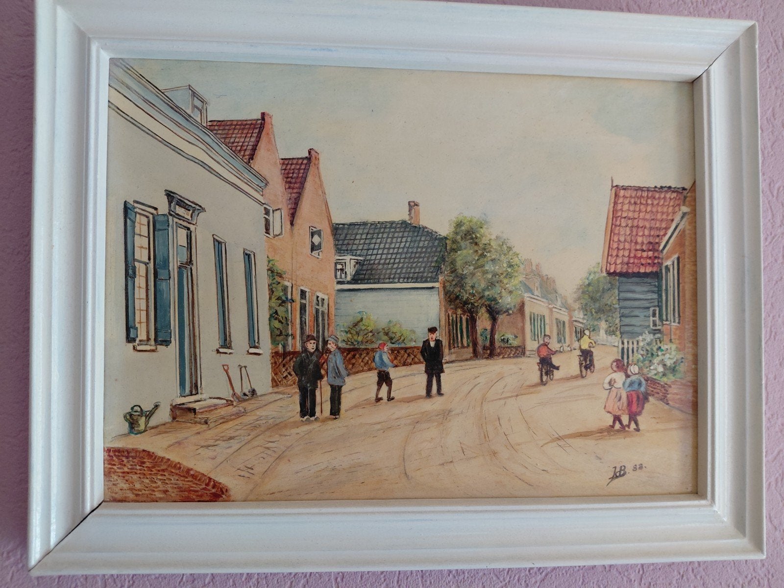 Drie dorpsgezichten op hardboard, gesigneerd en gedateerd, Antiek en Kunst, Ophalen of Verzenden