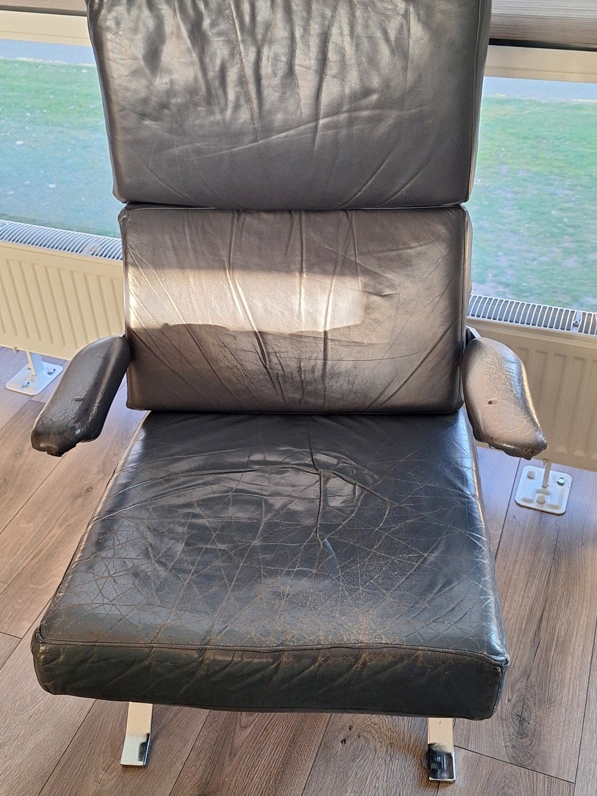 Vintage Leren Fauteuil - Grijs/Zwart,chroom. Gebruikt, Ophalen, Gebruikt, Vintage, Retro, Leer