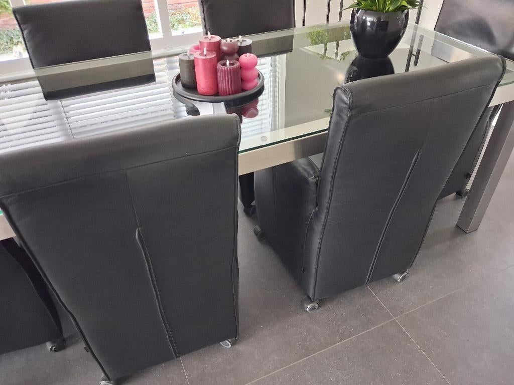 (EET) FAUTEUILS (6 stuks) zwart leer op wielen, merk JESS., Ophalen, Minder dan 50 cm, Minder dan 75 cm, Leer