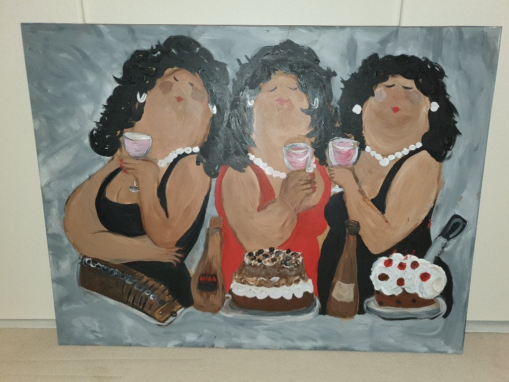 schilderij de dikke dames 75x100, Ophalen, Olieverf, Portret