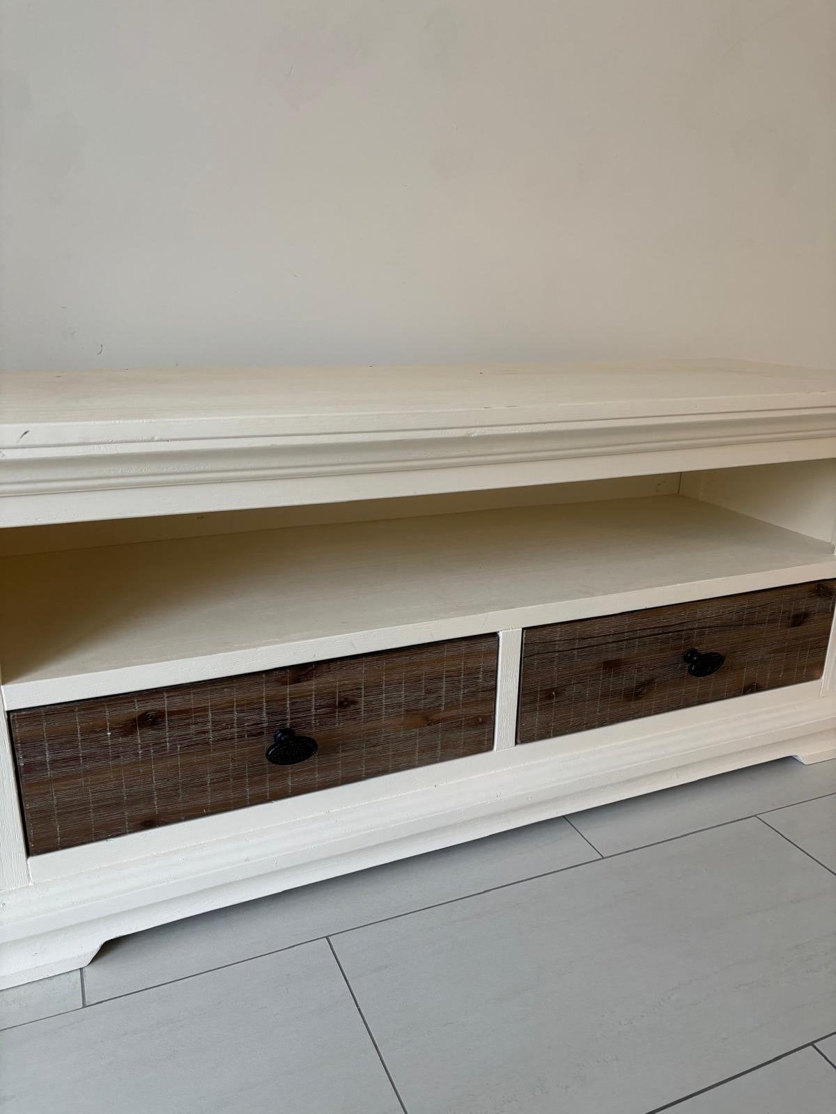 Witte tv-meubel met twee lades, Ophalen, Gebruikt, 100 tot 150 cm, Minder dan 100 cm
