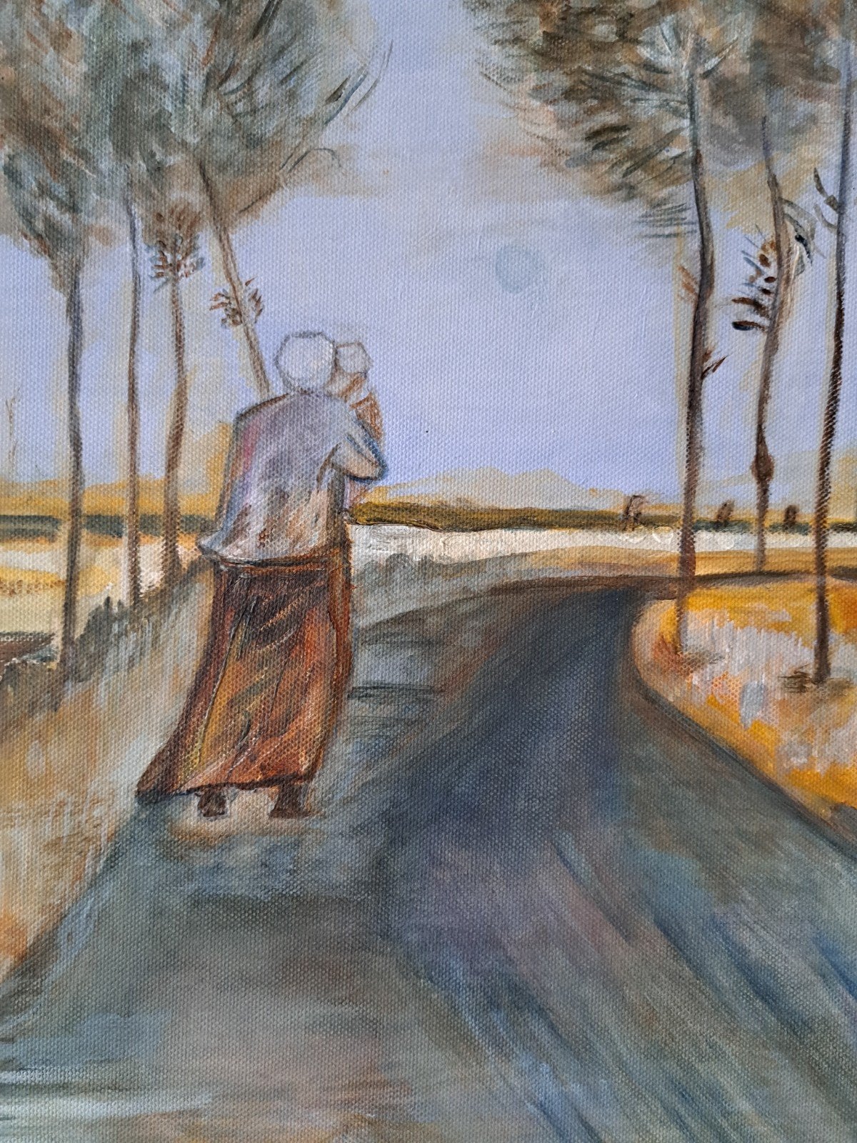 Schilderij: Vrouw met kind op landweg, Doek, Portret of Personen, Realistisch, Ophalen of Verzenden