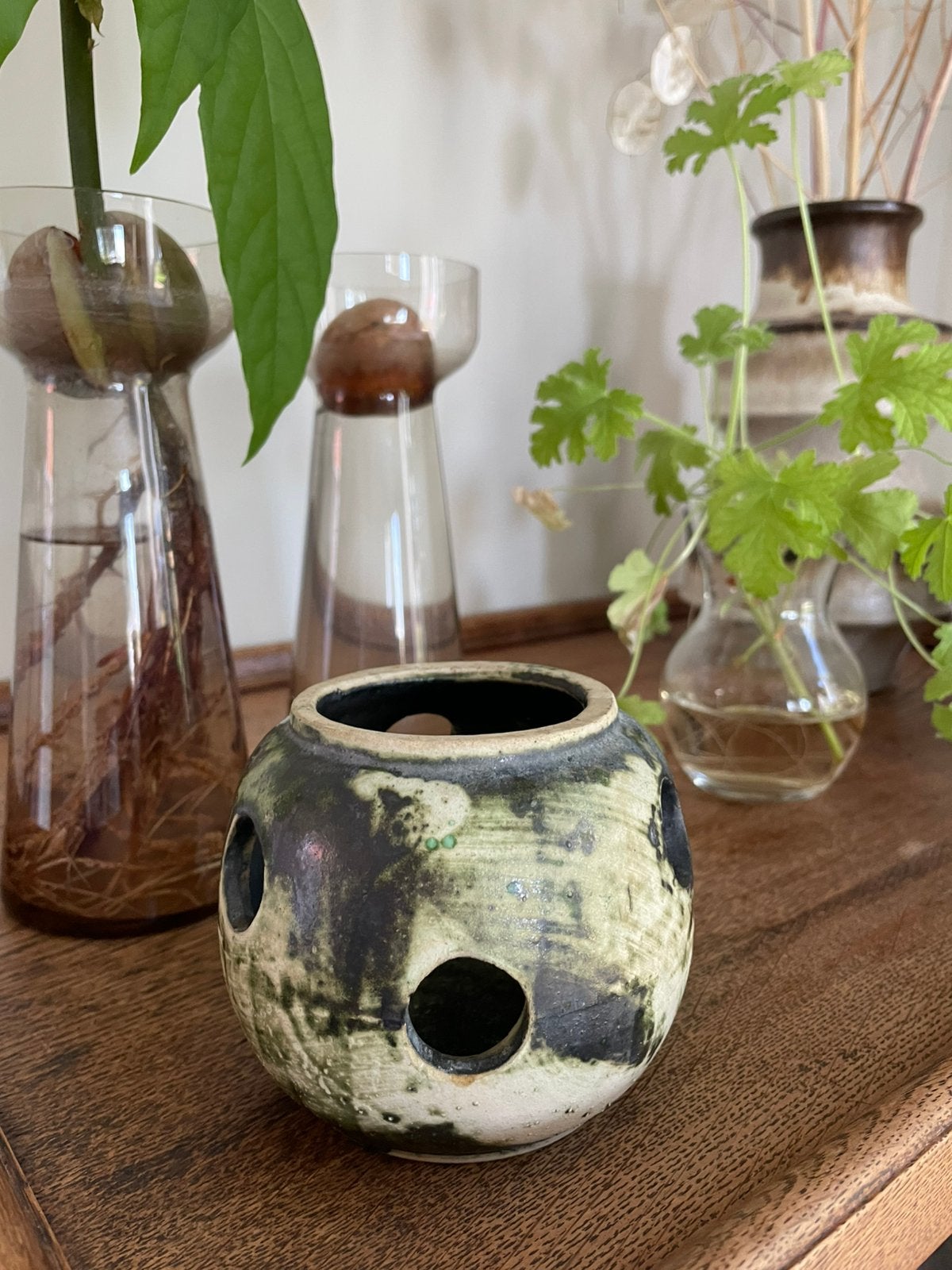 Mid-century groen/beige keramieken waxine-lichthouder, Ophalen of Verzenden