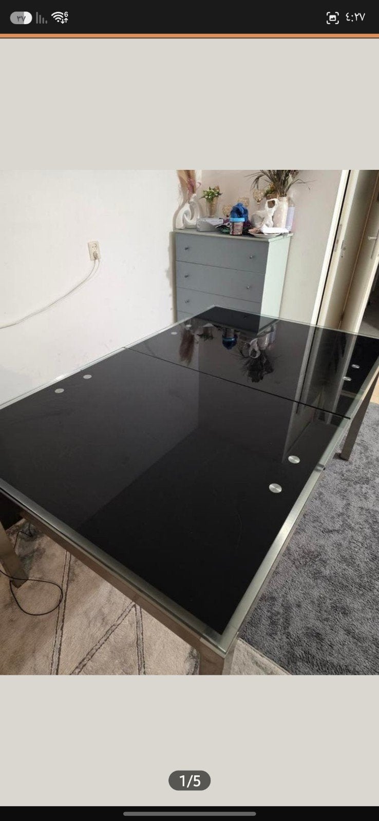 Uitschuifbare eettafel met zwart glazen blad en metalen, Huis en Inrichting, Tafels | Eettafels, Gebruikt, 100 tot 150 cm, 200 cm of meer