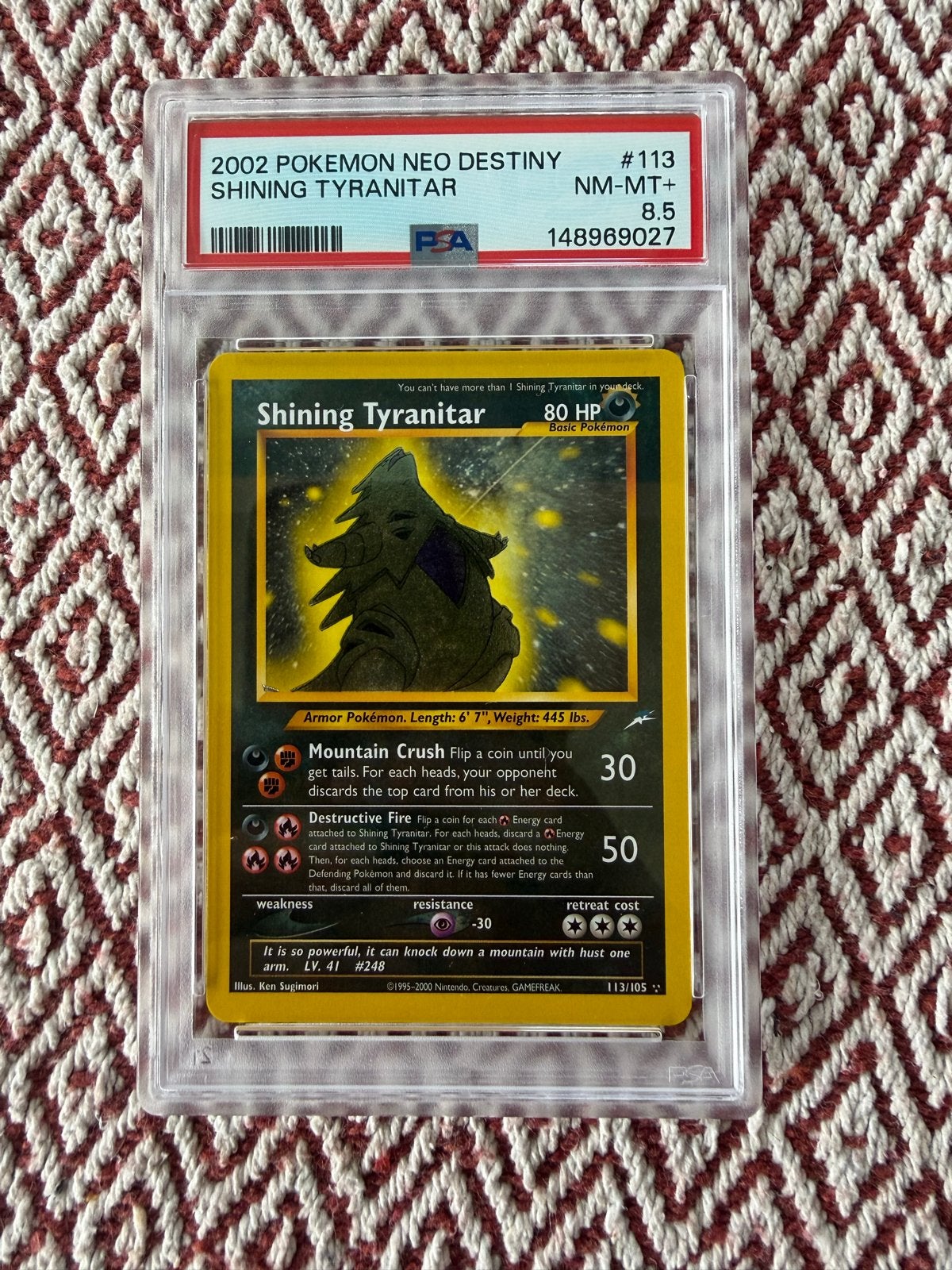 PSA 8.5 Shining Tyranitar 2002 Neo Destiny, Hobby en Vrije tijd, Ophalen of Verzenden, Zo goed als nieuw, Losse kaart, Foil